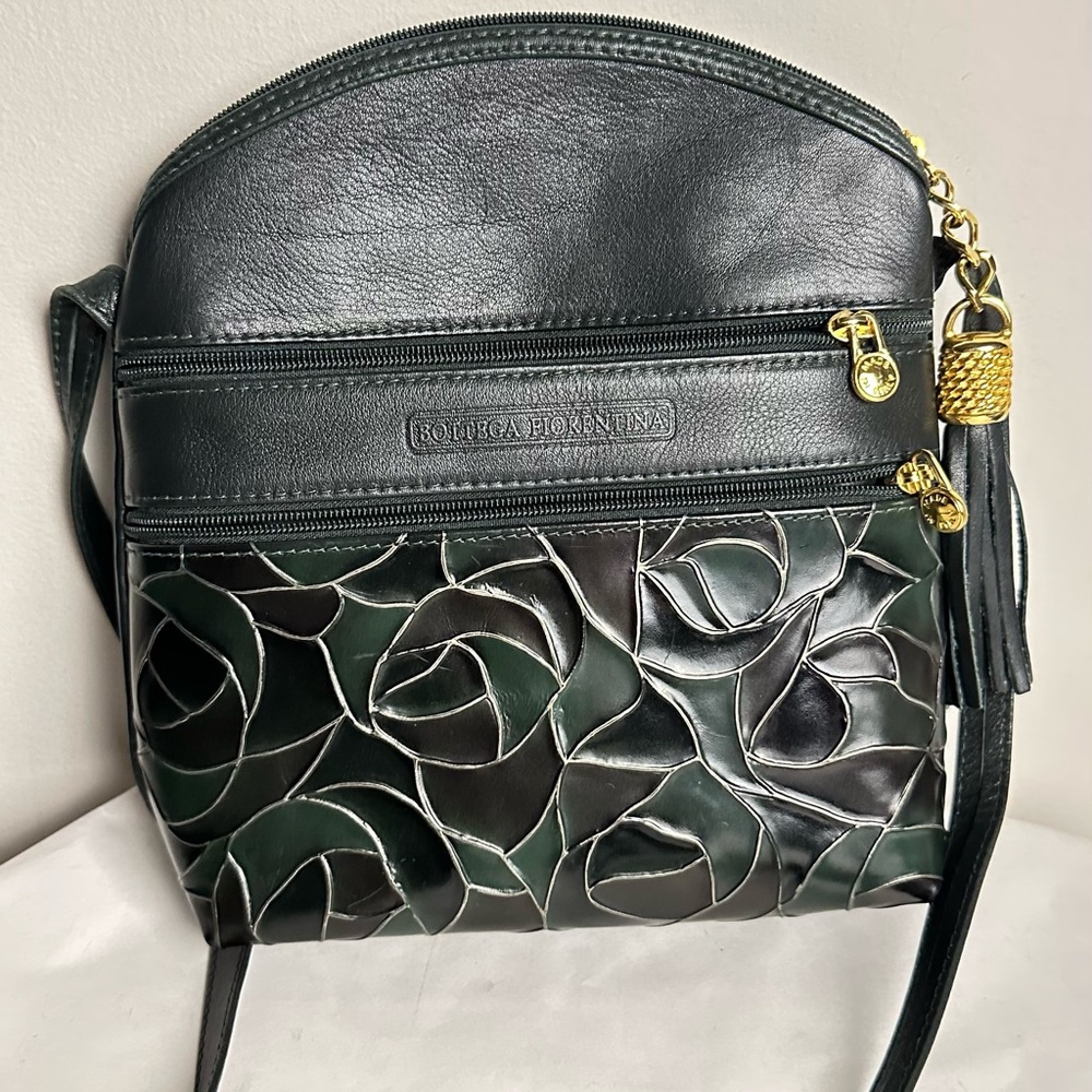 Green and Black Crossbody Bag with Floral Design